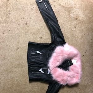 Parisian Pink Fur Faux Collar PU Biker Jacket